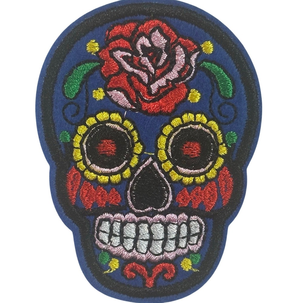 Sugar Skull Iron On Patch Unisex‎ Blue Day of the Dead Rose Embroidered
